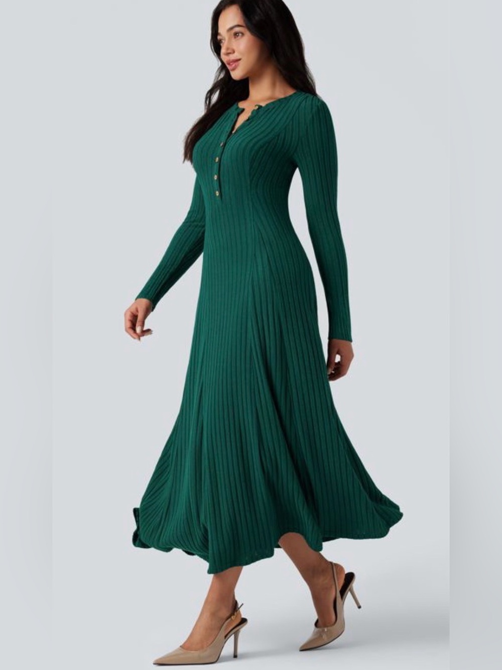 HALARA Ribbed Knit Henley Neck Long Sleeve Flowy Maxi Casual Dress - Picture 3 of 9